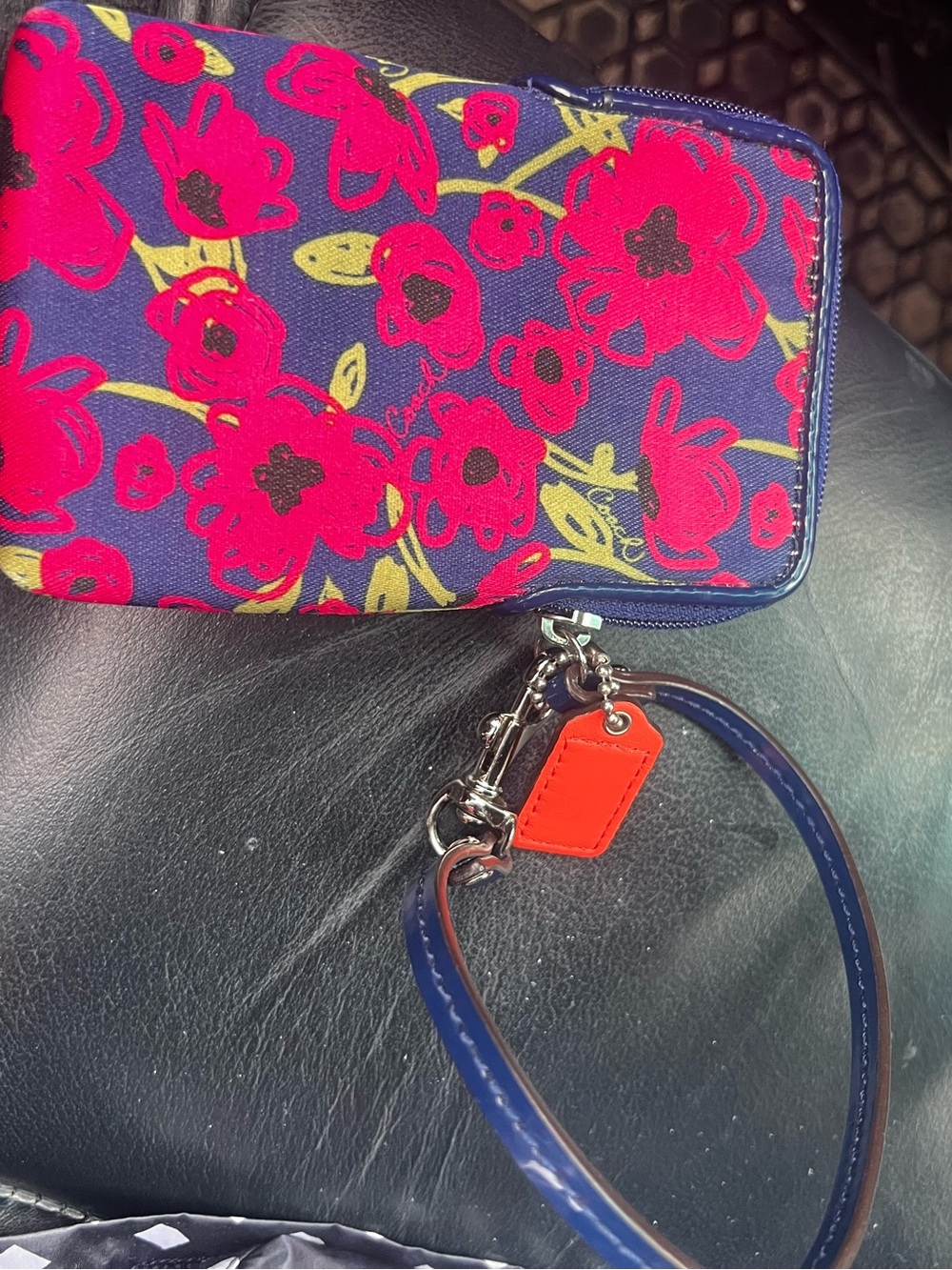 Coach Navy Wristlet with Hot Pink Floral Print and Poppy design